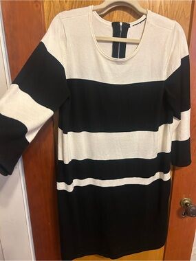 Striped Black and Cream Midi Dress with Round Neck